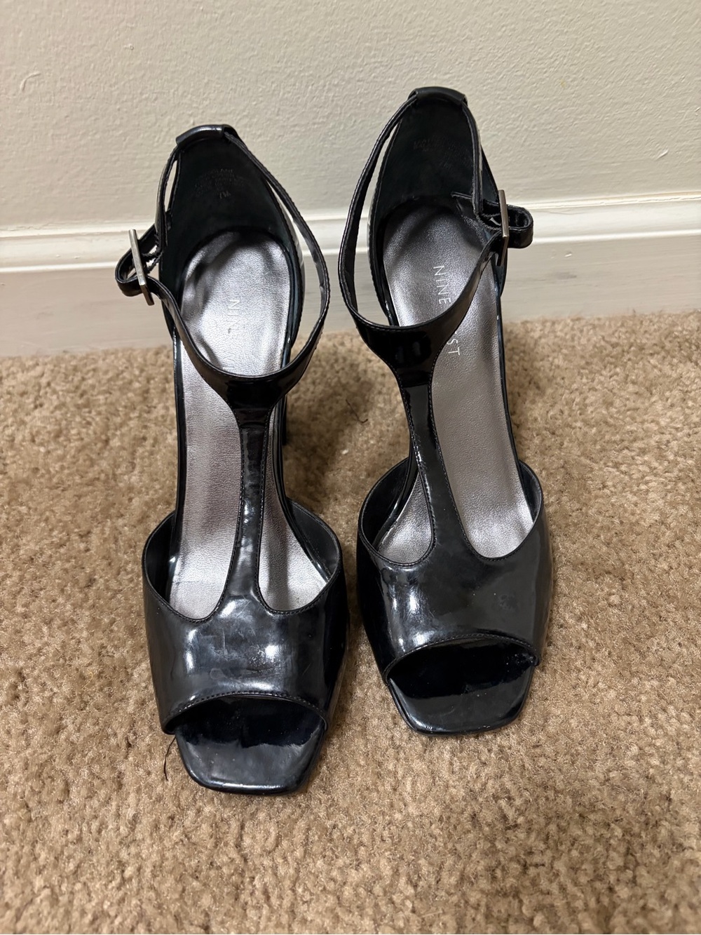 Nine West Black Patent T-Strap Open-Toe Heels